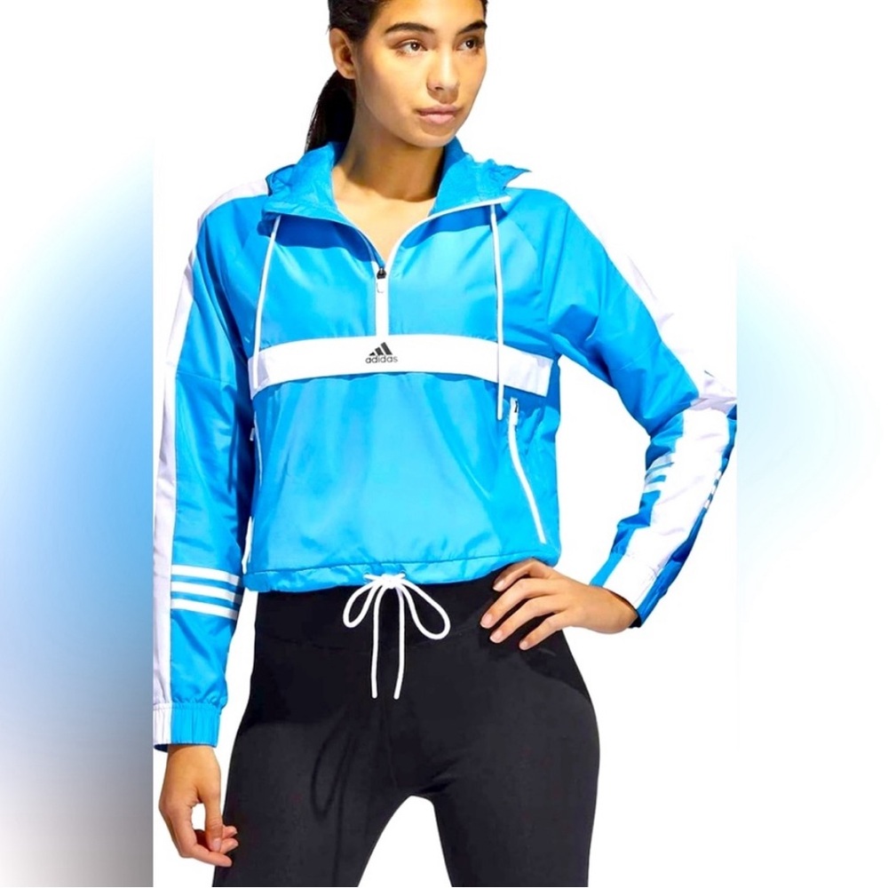 Adidas Blue and White Windbreaker cropped Jacket XS